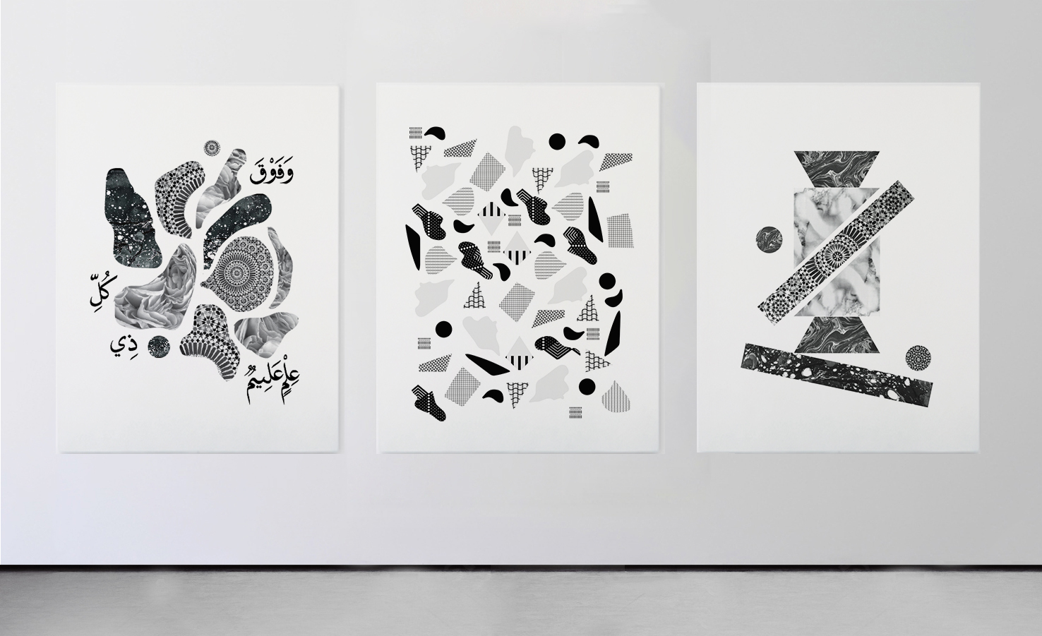 Gallery wall of 3 large black and white posters