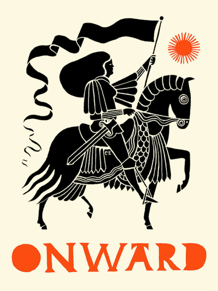 An illustration of a female knight flying a flag while riding a horse.