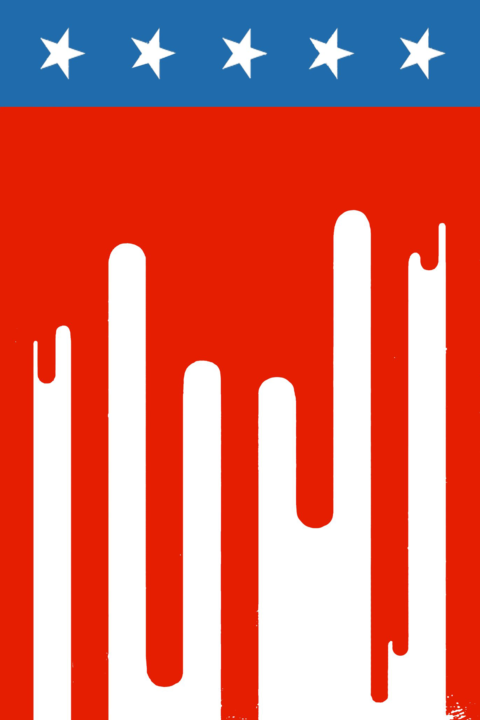 5 white stars on blue, a red shape running down like blood.