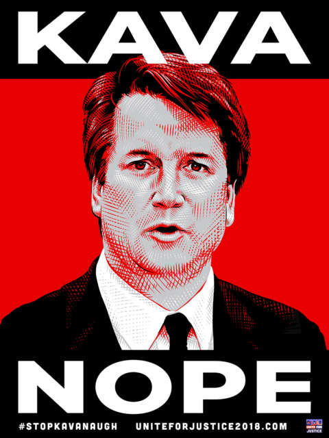 Illustrated etching of Supreme Court Nominee Brett Kavanaugh on a bright red background with text KAVA NOPE.