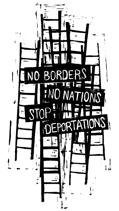 Gritty black and white illustration of train tracks with the words "No Boarder No Nations Stop Deportations."