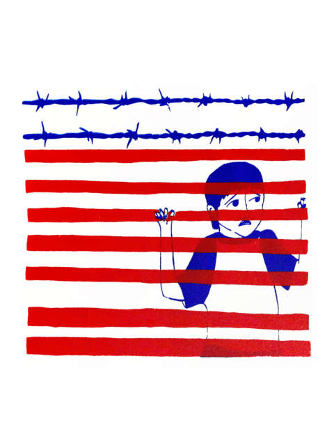 Illustration of a young boy who is trapped behind a red fence with blue barbed wire that looks like an American Flag.