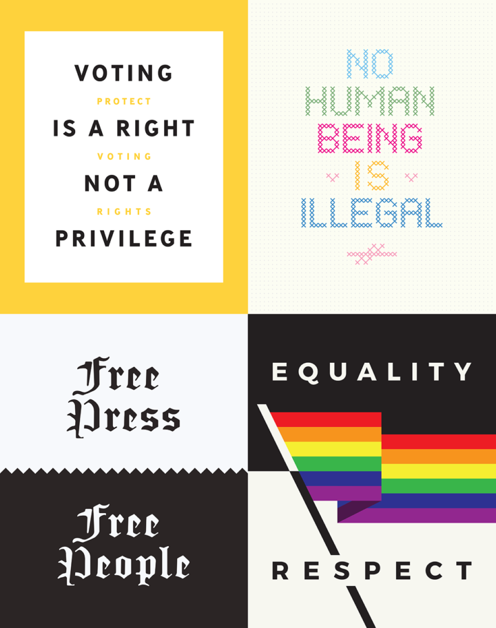 4 posters that read "Voting Is A Right," "No Human Being Is Illegal," "Free Press Free People," and "Equality/Repect."