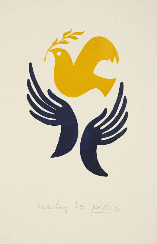 Illustrated hands embrace a golden peace dove.