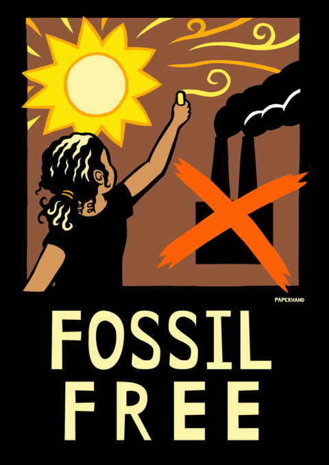 Cutout illustration of a young girl painting a sun and crossing out a coal power plant. Reads "FOSSIL FREE"