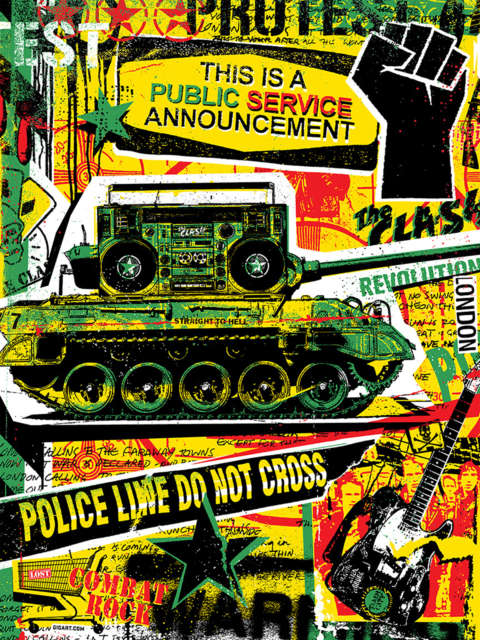 Red, green, yellow, and black collage of stars and musical imagery including a boombox on a tank and a raised fist.