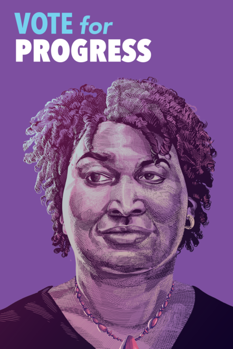 Purple poster with a drawing of Stacy Abrams for Governor of Georgia, reads 'Vote for Progress'